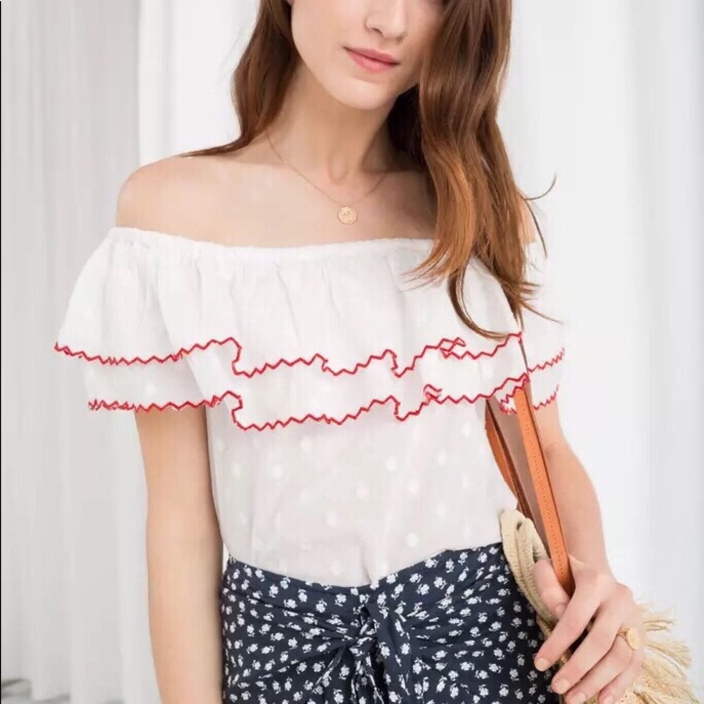 Off-Shoulder White Ruffle Top with Red Trim